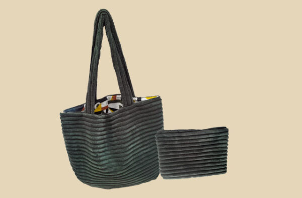 ensemble sac cabas femme arrondi et pochette velours côtelé vert bouteille